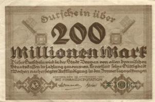 Német Birodalom/Weimari Köztársaság/Bremen 1923.09.29. 200.000.000M sorszám "*"-gal T:II
