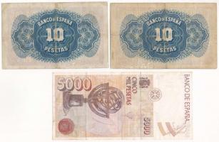 Spanyolország 1935. 10P (2x, Silver certificate, egyik sorozat nélkül, másik B-sorozat) + 1992. 5000...