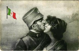 WWI Italian military propaganda art postcard with flag and kissing couple (EK)