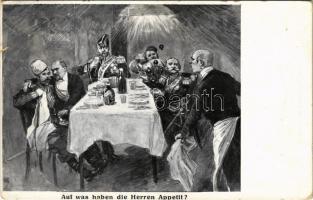 1914 Auf was haben die Herren Appetit? / WWI propaganda art postcard. Postkartenverlag Brüder Kohn Wien (B.K.W.I.) (EK)
