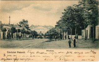 1905 Paks, Fő utca, Erzsébet szálloda, Bazársor tetején Szent Vendel, Szent Flórián és Nepomuki Szent János szobra. Wiener Hajman kiadása