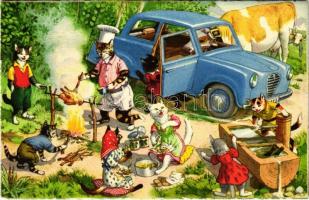 Cat family picnic and barbecue grill with automobile. Max Künzli Zürich No. 4748.
