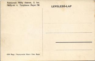 Budapest II. Pálffy étterem, Mayer Pál tulajdonos, belső, Tokaji borok. Pálffy tér 4. (ma Bem József...