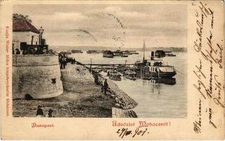 1901 Mohács, Dunapart, kikötő, gőzhajó, csónakok, úszó vízi hajómalmok. Weiser Miksa kiadása / floating ship mills + "MOHÁCS P.U."