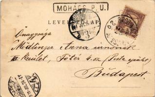 1901 Mohács, Dunapart, kikötő, gőzhajó, csónakok, úszó vízi hajómalmok. Weiser Miksa kiadása / float...