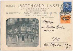 1937 Budapest XIII. Herceg Batthyány László gyógyszertár, patika. Tulajdonos Dr. Baradlai János - Légrády Károly utca 37. (ma Balzac utca), reklám (EK)