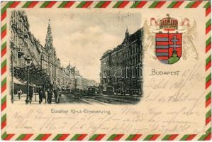 1901 Budapest VII. Erzsébet körút, villamosok, New York palota. Dombornyomott magyar címeres képeslap (EK)