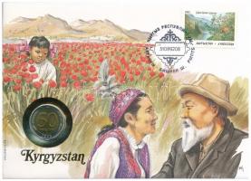 Kirgizisztán felbélyegzett borítékban, bélyegzéssel, német nyelvű tájékoztatóval, benne Oroszország 1992. 50R T:1 patina Kyrgyzstan in envelope with stamp, cancellation and a prospectus in german, in it Russia 1992. 50 Rubles C:UNC patina