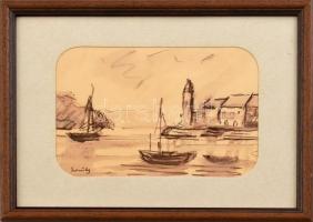 Szecsődy jelzéssel: Hajók. Lavírozott tus, papír. Üvegezett fakeretben, 11,5×16,5 cm