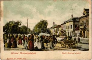 Marosvásárhely, Targu Mures; Részlet a Széchenyi utcából, piac. Petróczy G. 1905. / market square (fl)