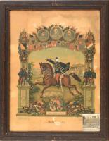 cca 1900-1910 Szolgálati időm emlékéül. Emléklap Ferenc József, Ferenc Ferdinánd és Frigyes főherceg arcképével, a háttérben a budai királyi palotával, lánchíddal, alul címerekkel, Bp., Leitner M. L. és fia, nagyméretű litho emléklap, a közepén lovas katonával, huszárral, az egyik alsó sarkában katonák csoportképével, kopottas üvegezett fa keretben, sérült, 57x43 cm, teljes: 65x52 cm