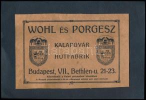cca 1920 Wohl és Porgesz Kalapgyár, Bp., VII., Behtlen-u. 21-23. Reklám, karton, papírra kasírozva, vágott. 15×23 cm