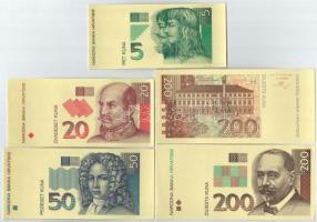 Horvátország 1993. 5K + 20K + 50K előlapi színpróba (3db) + 200K + 500K + 1000K előlapi és hátlapi s...