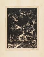 Arató jelzéssel (Arató Gyula?): Dánosi országút (...), 1932. Linómetszet, papír, paszpartuban, kissé foltos, 34x26 cm