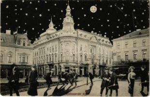 Kolozsvár, Cluj; Schuster, Tauffer Dezső és Schefer üzlete. Éjjeli montázs részeg férfiakkal. Újhelyi és Boros kiadása / shops, night montage with drunk men