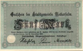 Német Birodalom/Weimari Köztársaság/Neckarsulm 1918.11.15. 5M (2x) egymásutáni sorszámmal T:I