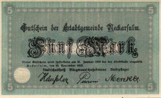 Német Birodalom/Weimari Köztársaság/Neckarsulm 1918.11.15. 5M (2x) egymásutáni sorszámmal T:I
