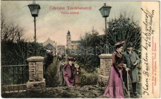 1904 Törökbecse, Újbecse, Novi Becej; Töltés feljáró. Jovanovits Giga kiadása, montázs hölgyekkel és urakkal / embankment. Montage with ladies and gentlemen