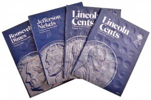 Amerikai Egyesült Államok ~1909-1993. 1c Br Lincoln Cents érméi 2 berakóban (128x) + 5c Cu-Ni Jefferson Nickels érméi 1 berakóban (57x) + 1d Cu-Ni Roosevelt Dimes érméi 1 berakóban (47x) Official Whitman Coin Folder előnyomott berakókban T:vegyes, főleg 1--2-, patina, a berakók viszonylag megviselt állapotban USA ~1909-1993. 1 Cent Br Lincoln Cents coins in 2 folders (128x) + 5 Cent Cu-Ni Jefferson Nickels coins in 1 folder (57x) + 1 Dime Cu-Ni Roosevelt Dimes coins in 1 folder (47x) in pre-printed Official Whitman Coin Folders C:mixed, mostly AU-VF, patina, the folders are in relatively worn condition