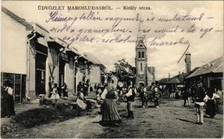 1913 Marosludas, Ludosul de Mures, Ludus; Király utca, templom, piac, Mihály Móritz üzlete / street, church, shops, market (EK)