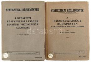 Illyefalvi I. Lajos: A közoktatásügy Budapesten a világháborút megelőző években. Statisztikai Közlemények 71. kötet 3. szám. Bp.,(1933), Székesfőváros Statisztikai Hivatala. Kiadói papírkötés, volt könyvtári példány, a címlap kijár.;   Török István: A budapesti részvénytársaságok pénzügyi viszonyainak alakulása. Statisztikai Közlemények 62. kötet 3. szám. Bp.,(1930), Székesfőváros Statisztikai Hivatala. Kiadói papírkötés, volt könyvtári példány, szakadt címlappal.