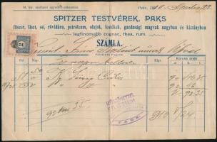 1910 Paks, Spitzer Testvérek fűszer, liszt stb. kereskedésének fejléces számlája illetékbélyeggel