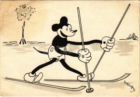 Mickey egér síelés közben. Klösz korai Disney képeslap / Mickey Mouse skiing, winter sport. Early Hungarian Disney postcard s: Bisztriczky (EB)