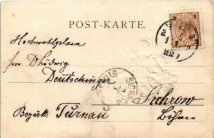 1898 (Vorläufer) Prosit Neujahr! / Dombornyomott újévi üdvözlőlap kéményseprővel és lóherékkel / New...