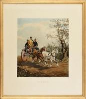 Henry Thomas Alken (1785-1851) után, Edward Gilbert Hester (1843-1903): Lovasfogat (tandem). Színes litográfia, papír, jelzett a metszeten. Utánnyomás a XX. sz. második feléből. Dekoratív, üvegezett fa keretben. 44×38 cm