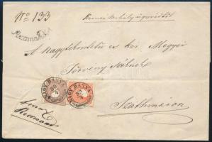 1858 5kr + 10kr ajánlott levélen (hátoldalon egy 10kr bélyeg sarka) / on registered cover (10kr stamp piece on the backside) NAGY BÁNYA - Szathmár