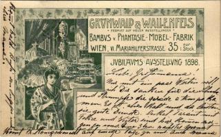 1898 (Vorläufer) Grünwald & Wallenfels Bambus v. Phantasie-Möbel-Fabrik. Jubiläums Ausstellung Wien 1898 / Viennese Jubilee Exhibition advertising card, furniture factory. Art Nouveau