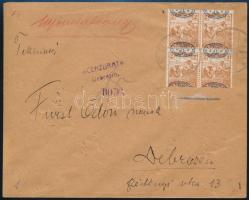 Debrecen I. 1919 Helyi levél Arató 2f négyestömb bérmentesítéssel, elcsúszott, fordított felülnyomással! / 2f block of 4 with inverted, shifted overprint on local cover. Signed: Bodor