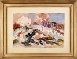 Dobos Lajos (1921-2012): Téli táj, 1979. Akvarell, papír, jelzett. Üvegezett, dekoratív fakeretben. 32x44 cm.