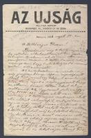 Sajó Sándor költő saját kézzel írt és aláírt levele az Újság fejléces papírján