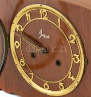 Óragyár kandallóóra. Felesütős, ingajáratos szerkezettel. Szép állapotú jelzett fa tokban, számlapon...