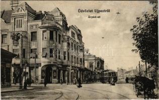 1917 Budapest IV. Újpest, Árpád út, villamos, cukrászda, gyógyszertár (r)