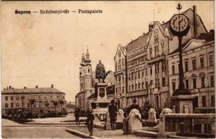 Sopron, Szécheni tér, Postapalota, óra. Vasúti levelezőlapárusítás 3964. + "EBENFURT-GYŐR 57. SZ" vasúti mozgóposta (fl)