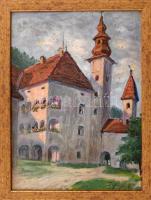 Daffinger Hanna (1883-?), 1909-ben a nagybányai szabadiskolában tanult: Napsütötte kastély. Olaj, karton. Jelzett. Dekoratív fakeretben. 34x25 cm.