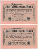 Németország / Weimari Köztársaság 1923. 5.000.000M (2x) sorszámkövetők B4 185272 - B4 185273 T:II  Germany / Weimar Republic 1923. 5.000.000 Mark (2x) consecutive serials B4 185272 - B4 185273 C:XF