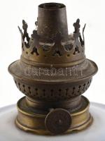 Petróleum lámpa test, huta tejüveg, zománc festett virágokkal, kopott, jelzett lámpafej: KOSMOS-BREN...