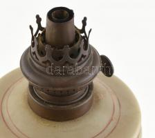 Petróleum lámpa test, huta tejüveg, zománc festett virágokkal, kopott, jelzett lámpafej: KOSMOS-BREN...