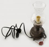 Asztali lámpa, jelzett ón alj, csiszolt üveg búra, kopásnyomokkal, m:25cm