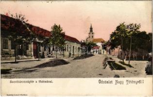1904 Budapest XXII. Nagytétény, Nagy Tétény; Szentháromság tér, Fő utca, templom. Szakály László kiadása (fl)