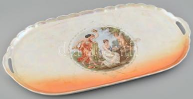 Viktória jelzett tálca, mitológia jelenetes, irizáló, matricás porcelán tálca, kopott, 44x24cm