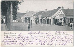 1901 Pöstyén, Piestany; Ferenc József út, Strasser kávéház, üzletek. A. bernas kiadása / street view, café, shops (fa)