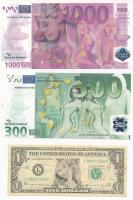 Németország DN 300E + 1000E erotikus fantázia bankjegy + Amerikai Egyesült Államok DN 1$ pornó bankjegy T:I Germany ND 300 Euro + 1000 Euro erotic fantasy banknote + USA ND 1 Dollar porn banknote C:UNC