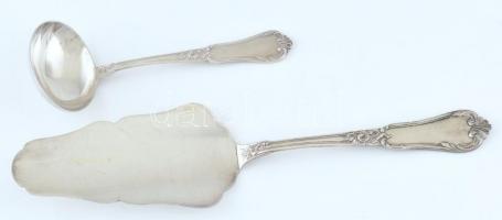 Süteményes lapár és pudingos kanál, jelzett, ezüstözött alpakka, kopásnyomokkal, h:16-27cm