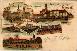 1898 (Vorläufer) Győr, Széchenyi tér, Rába rakpart, Püspökvár, Csónakázó egylet háza, Királyi tábla....