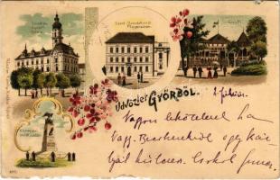1899 (Vorläufer) Győr, Városháza, Szent Benedek rendi főgimnázium, Kioszk, Kismegyeri emlékszobor. Röszler Károly kiadása. Art Nouveau, floral, litho (szakadás / tear)