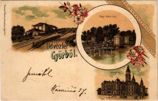 1899 (Vorläufer) Győr, vasútállomás, Régi Rába híd, Városháza. Röszler Károly kiadása, Art Nouveau, floral, litho
